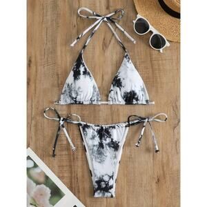 Black and White Tie Dye Triangle Top String Bikini Size LARGE